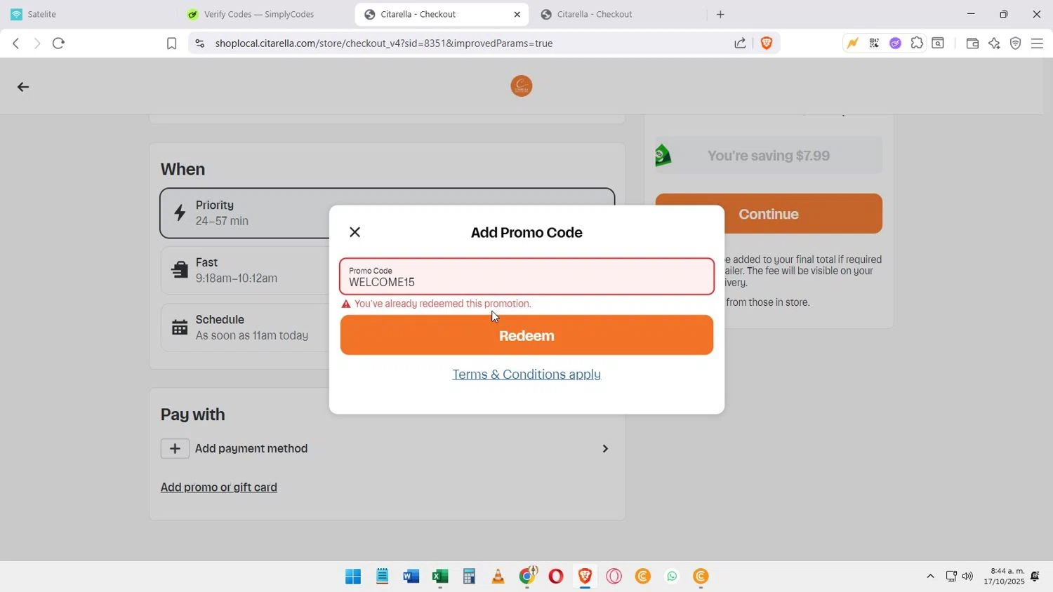 Citarella promo code screenshot showing code WELCOME15 applied at Citarella checkout page. Uploaded by SimplyCodes community member Darkosukaru on Oct 17, 2025
