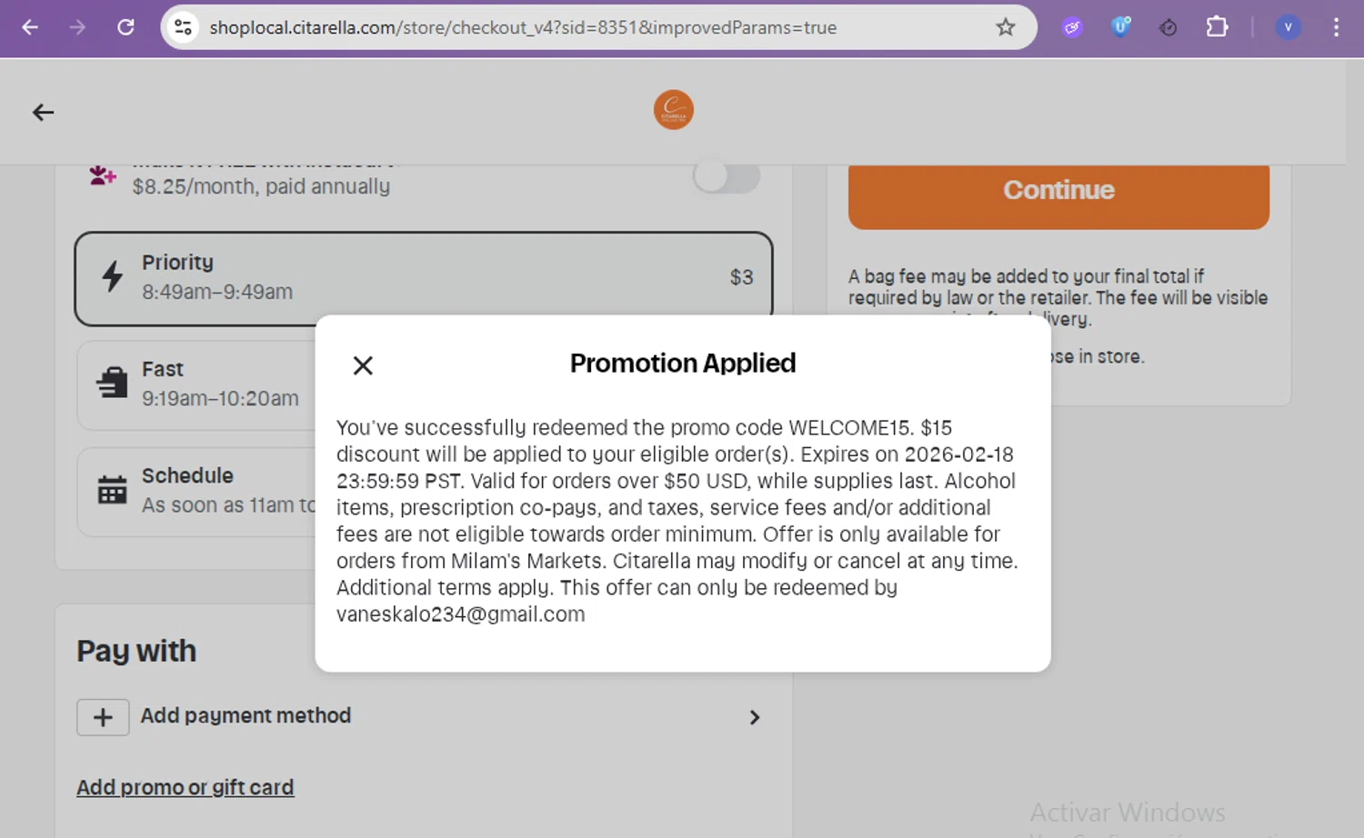 Citarella promo code screenshot showing code WELCOME15 applied at Citarella checkout page. Uploaded by SimplyCodes community member beatrizcastillo on Nov 17, 2025