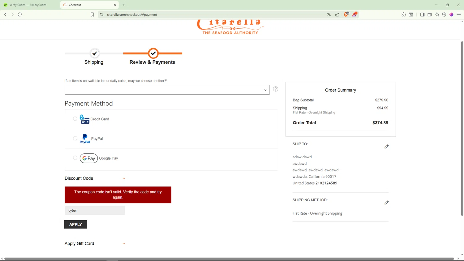 Citarella promo code screenshot showing code cyber applied at Citarella checkout page. Uploaded by SimplyCodes community member JoseVentura on Dec 30, 2025