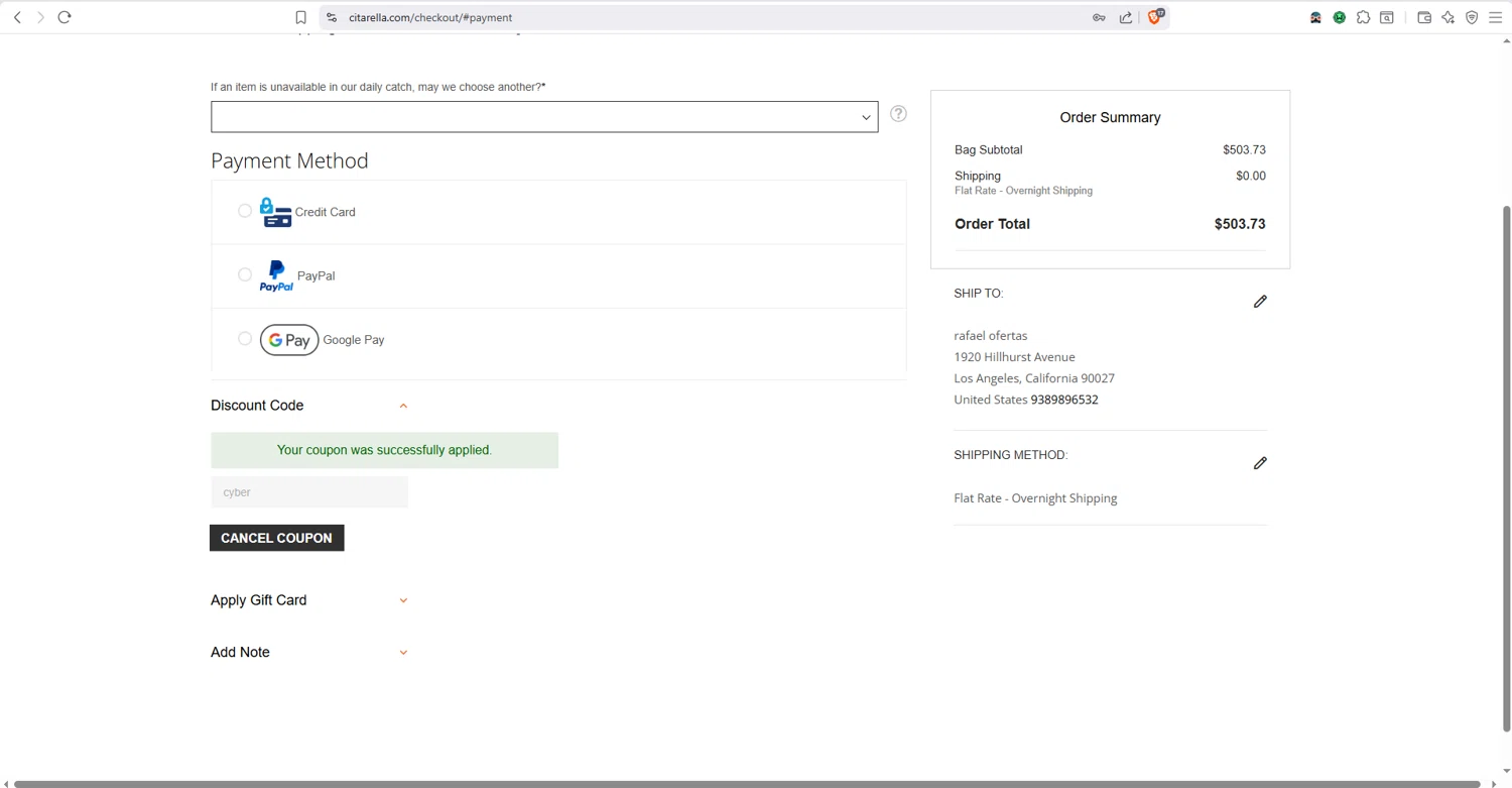 Citarella promo code screenshot showing code cyber applied at Citarella checkout page. Uploaded by SimplyCodes community member dayselis15 on Dec 1, 2025