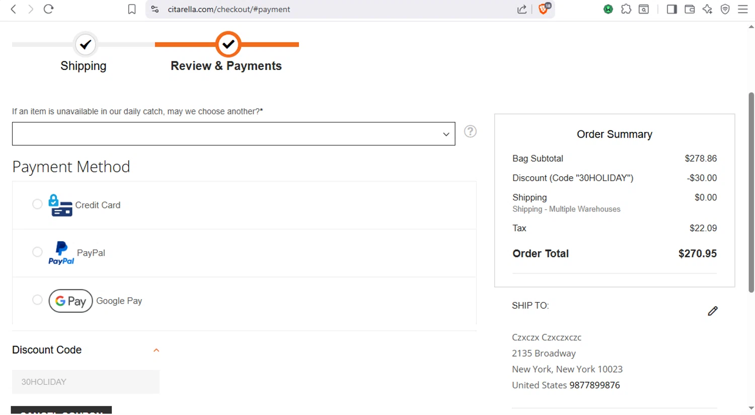 Citarella checkout page showing Citarella promo code box | Screenshot taken by SimplyCodes community member on Dec 17, 2025