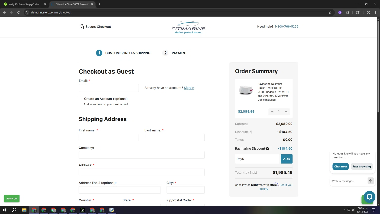 Citimarine Store promo code screenshot showing code Ray5 applied at Citimarine Store checkout page. Uploaded by SimplyCodes community member aaaaaaaaaaaaaaaaaaaaa on Dec 22, 2025