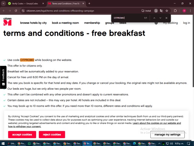 CitizenM Hotels checkout page showing CitizenM Hotels promo code box | Screenshot taken by SimplyCodes community member on Jul 7, 2025