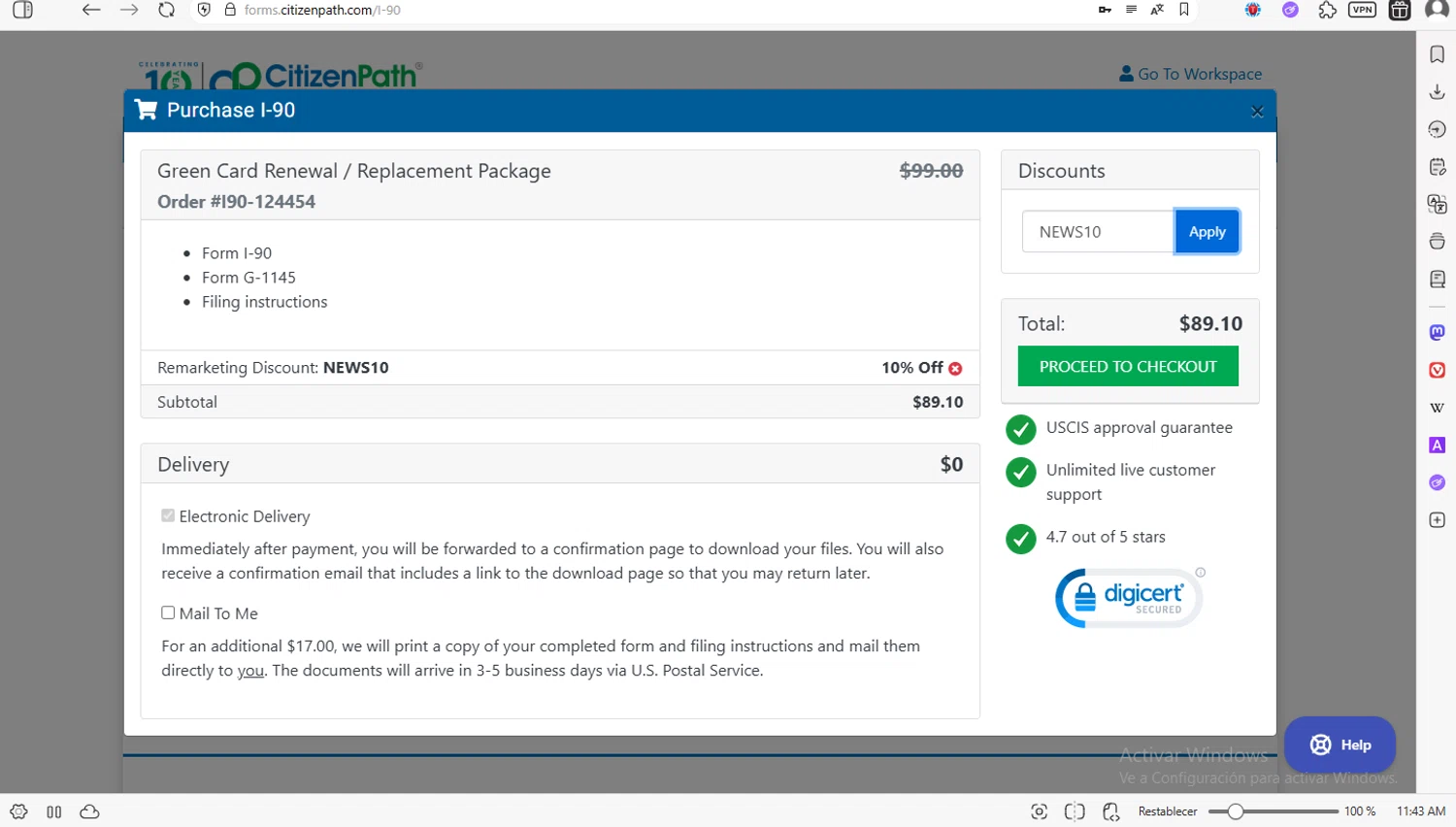 CitizenPath.com promo code screenshot showing code NEWS10 applied at CitizenPath.com checkout page. Uploaded by SimplyCodes community member luissilva2 on Dec 21, 2025