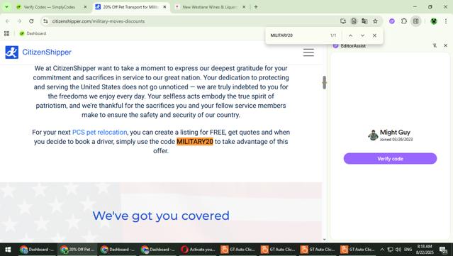 CitizenShipper checkout page showing CitizenShipper coupon code box | Screenshot taken by SimplyCodes community member on Aug 22, 2025