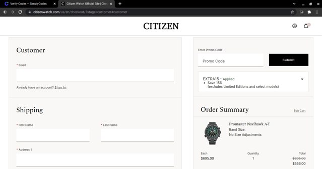 Citizen Watch checkout page showing Citizen Watch promo code box | Screenshot taken by SimplyCodes community member on Jun 15, 2022