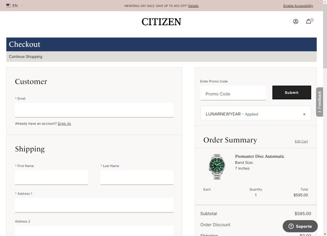 Citizen Watch checkout page showing Citizen Watch promo code box | Screenshot taken by SimplyCodes community member on May 30, 2022
