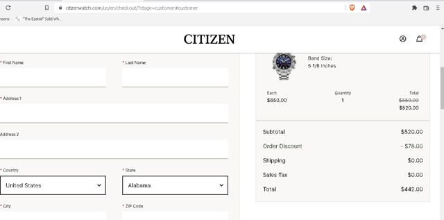 Citizen Watch checkout page showing Citizen Watch promo code box | Screenshot taken by SimplyCodes community member on Jun 16, 2022