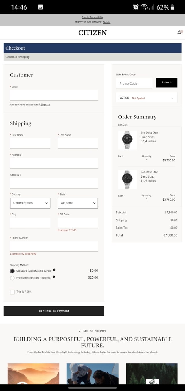Citizen Watch checkout page showing Citizen Watch promo code box | Screenshot taken by SimplyCodes community member on Sep 15, 2022