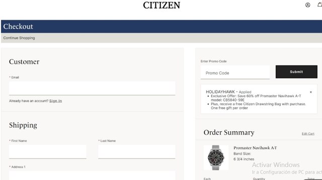 Citizen Watch checkout page showing Citizen Watch promo code box | Screenshot taken by SimplyCodes community member on Dec 24, 2022