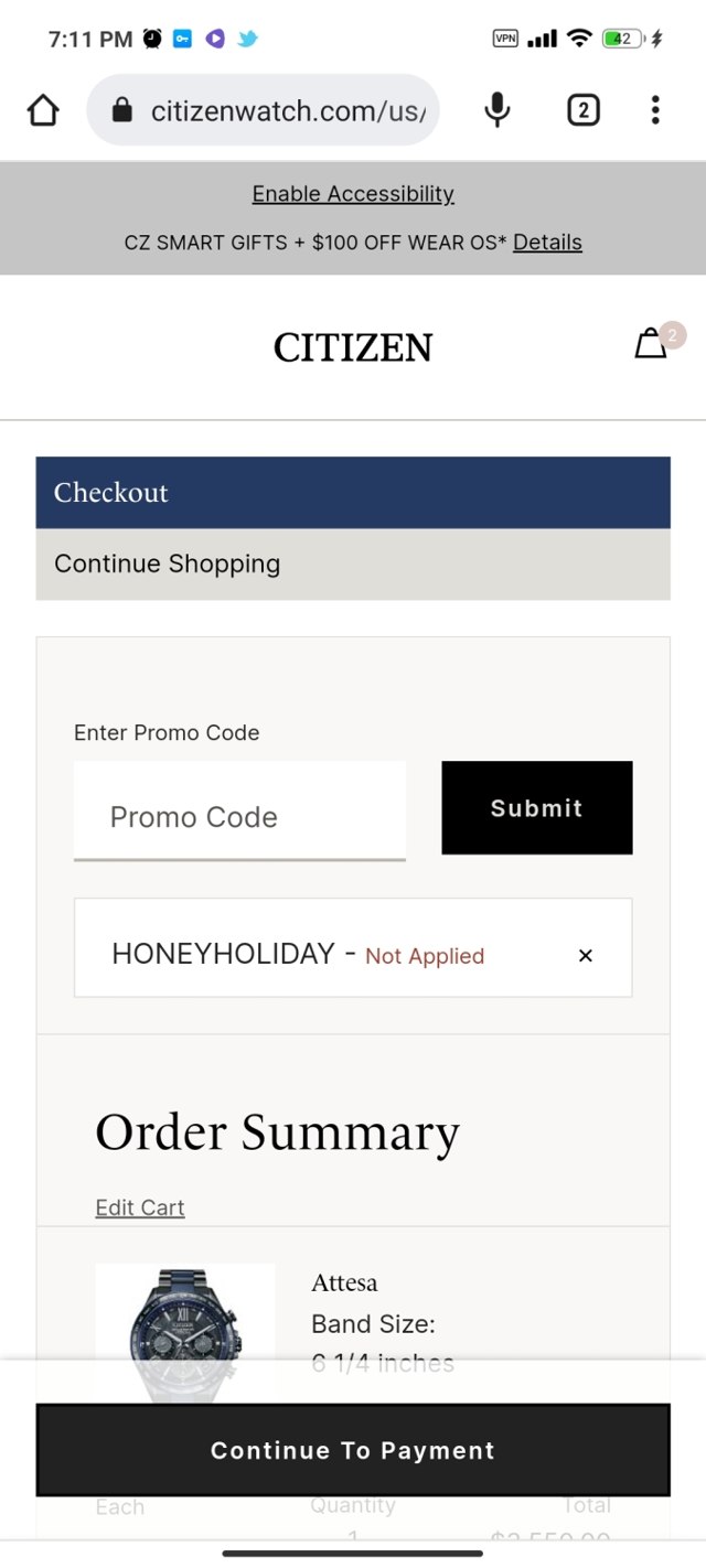 Citizen Watch checkout page showing Citizen Watch promo code box | Screenshot taken by SimplyCodes community member on Nov 28, 2022