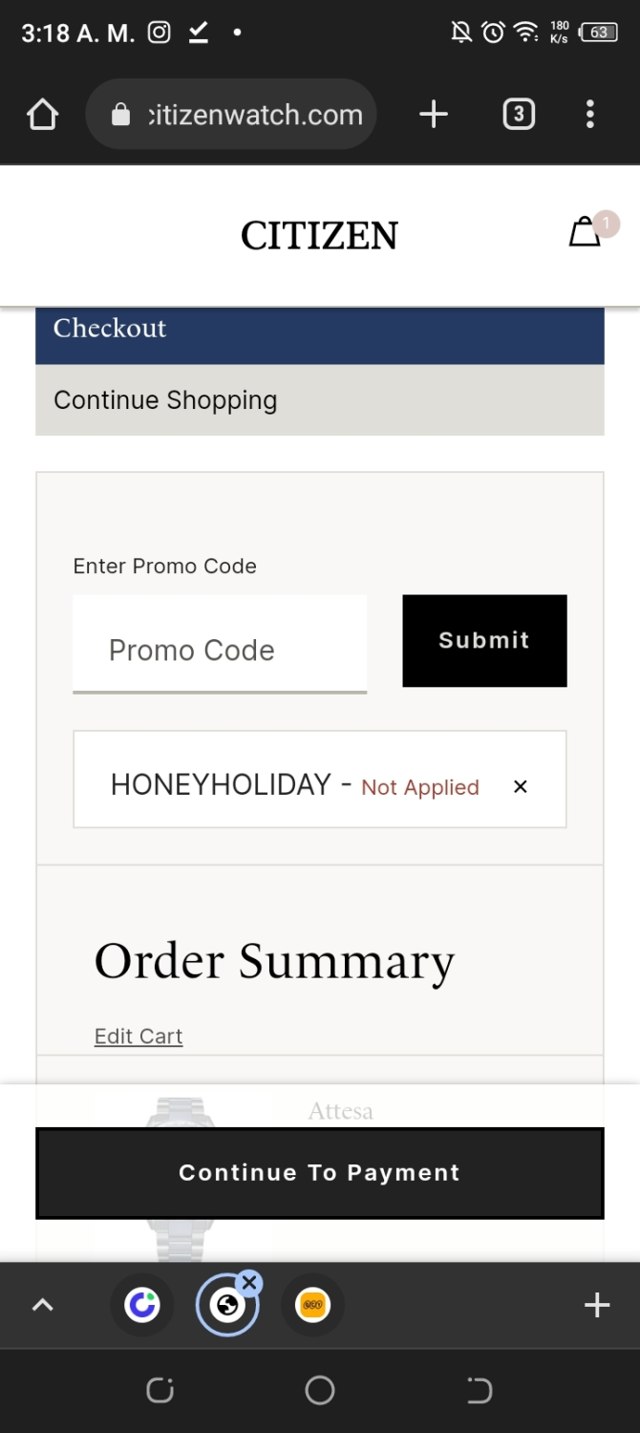 Citizen Watch checkout page showing Citizen Watch promo code box | Screenshot taken by SimplyCodes community member on Nov 27, 2022