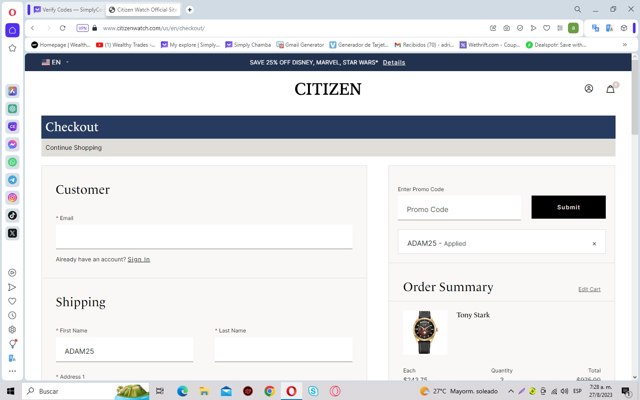 Citizen Watch checkout page showing Citizen Watch promo code box | Screenshot taken by SimplyCodes community member on Aug 27, 2023