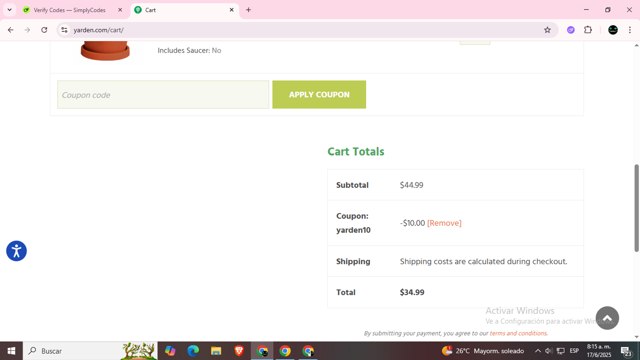 Yarden checkout page showing Yarden coupon code box | Screenshot taken by SimplyCodes community member on Jun 17, 2025