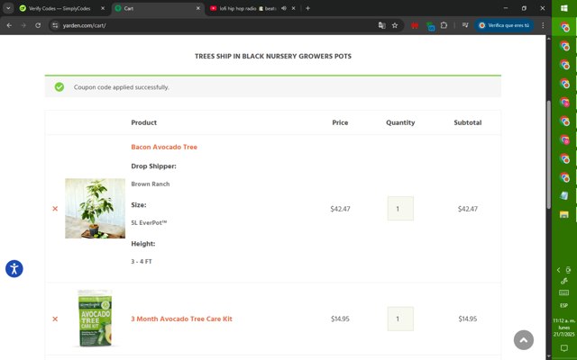 Yarden checkout page showing Yarden coupon code box | Screenshot taken by SimplyCodes community member on Jul 21, 2025