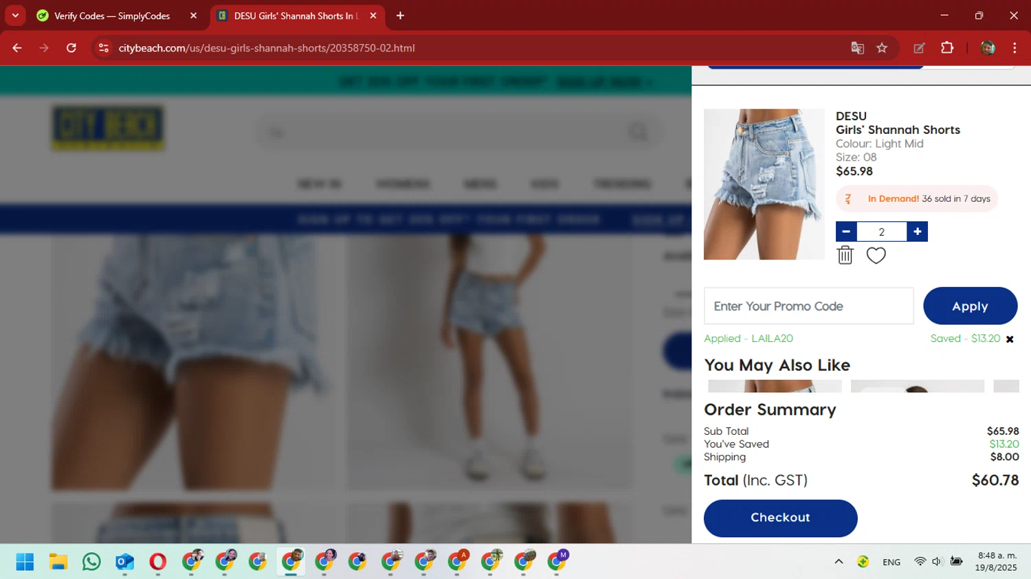 City Beach promo code screenshot showing code LAILA20 applied at City Beach checkout page. Uploaded by SimplyCodes community member David_Gut_Sonic on Aug 19, 2025