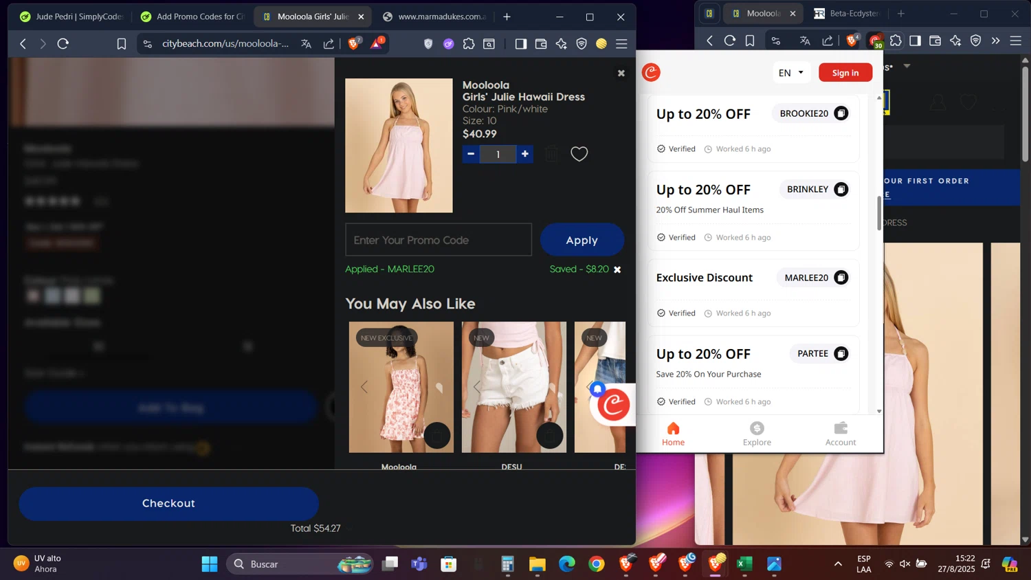 City Beach promo code screenshot showing code MARLEE20 applied at City Beach checkout page. Uploaded by SimplyCodes community member PennyScholar593 on Aug 27, 2025