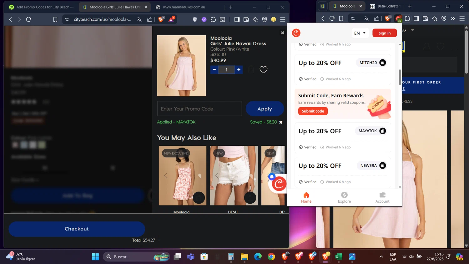 City Beach promo code screenshot showing code MAYATOK applied at City Beach checkout page. Uploaded by SimplyCodes community member PennyScholar593 on Aug 27, 2025