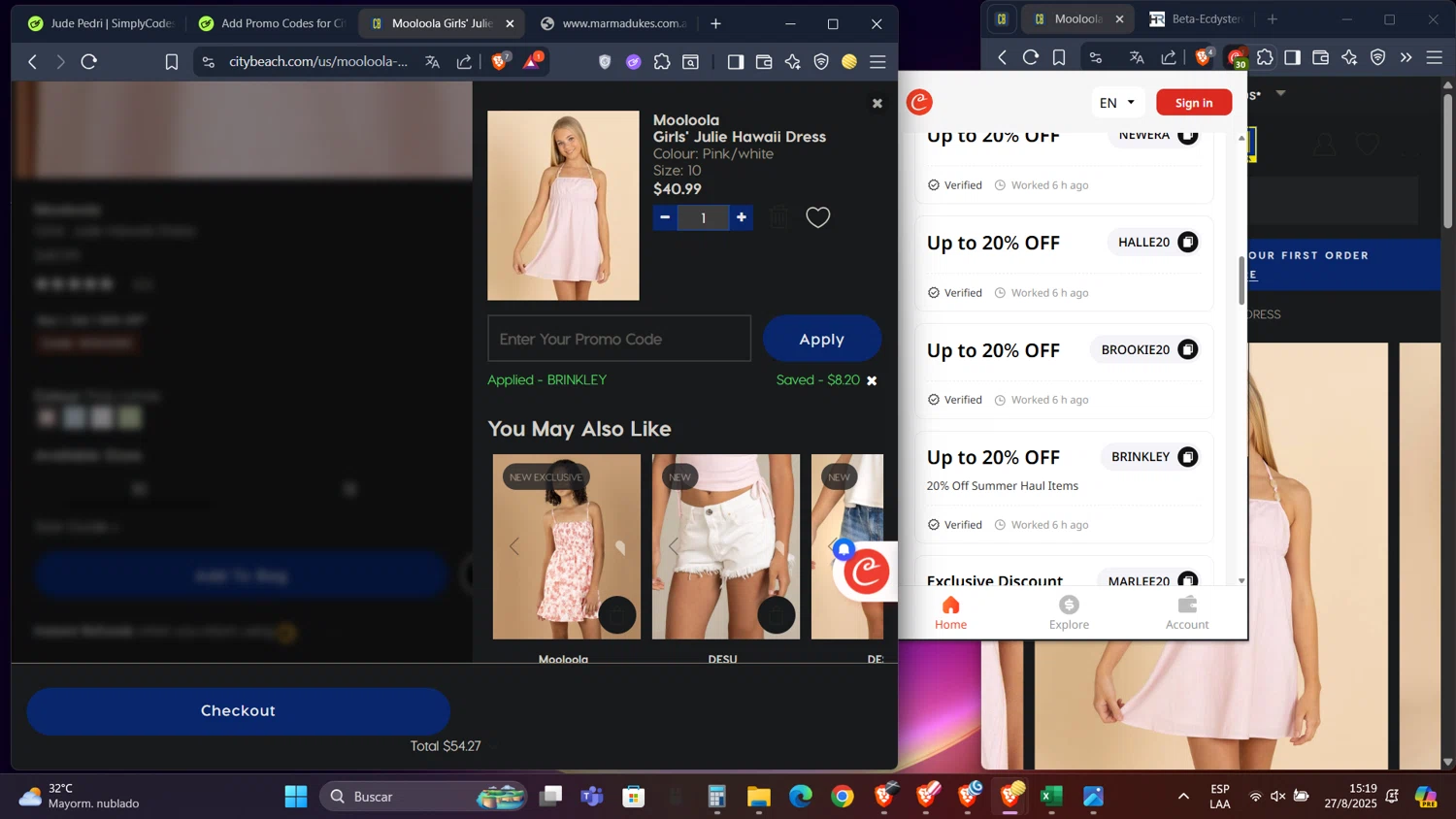 City Beach promo code screenshot showing code BRINKLEY applied at City Beach checkout page. Uploaded by SimplyCodes community member PennyScholar593 on Aug 27, 2025