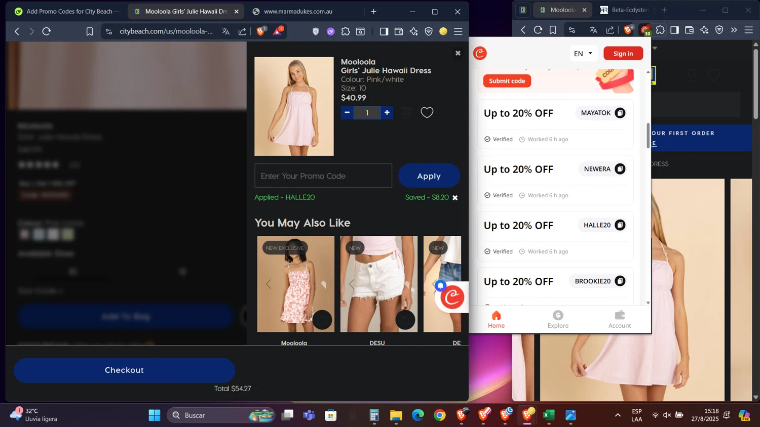 City Beach promo code screenshot showing code HALLE20 applied at City Beach checkout page. Uploaded by SimplyCodes community member PennyScholar593 on Aug 27, 2025