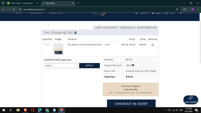 City Beauty checkout page showing City Beauty coupon code box | Screenshot taken by SimplyCodes community member on Sep 22, 2024