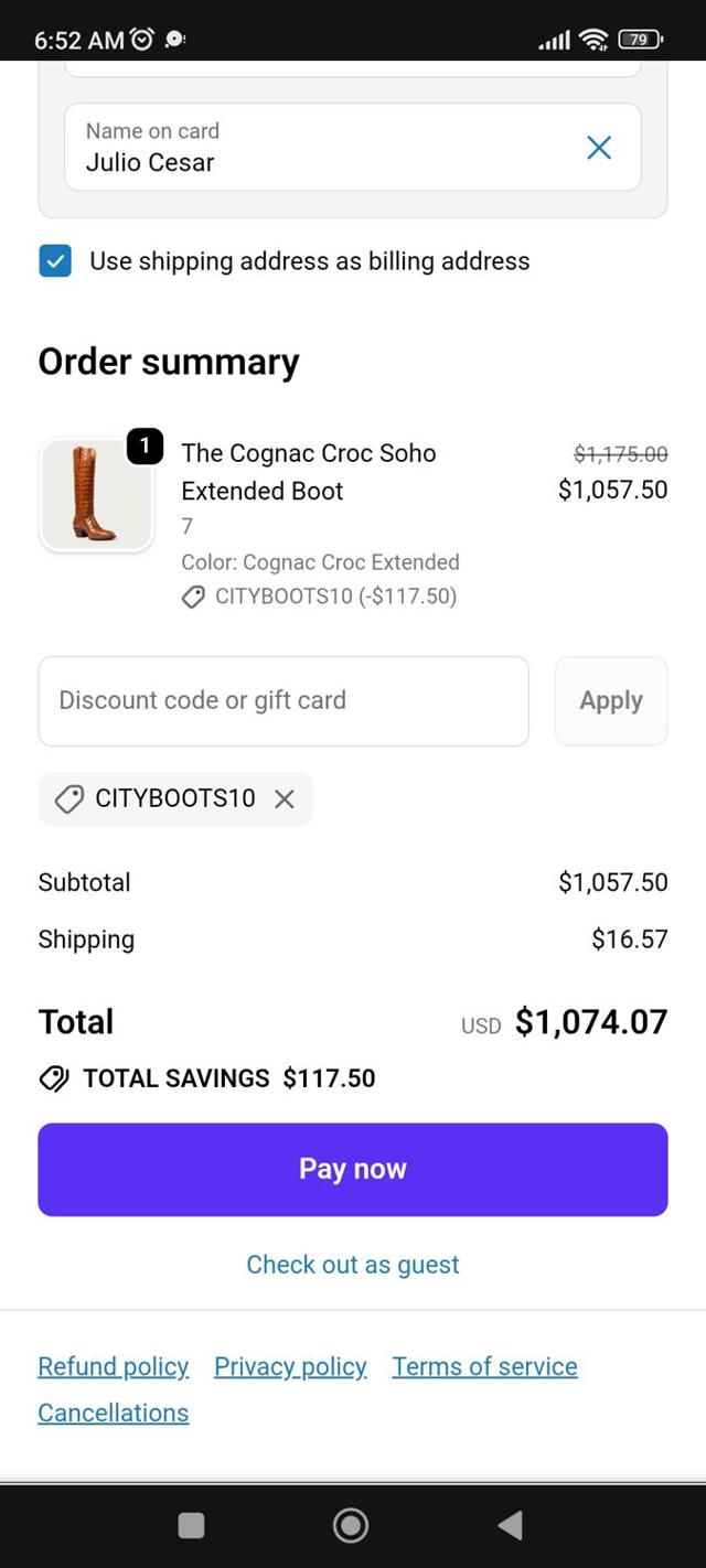 City Boots checkout page showing City Boots promo code box | Screenshot taken by SimplyCodes community member on Sep 20, 2025