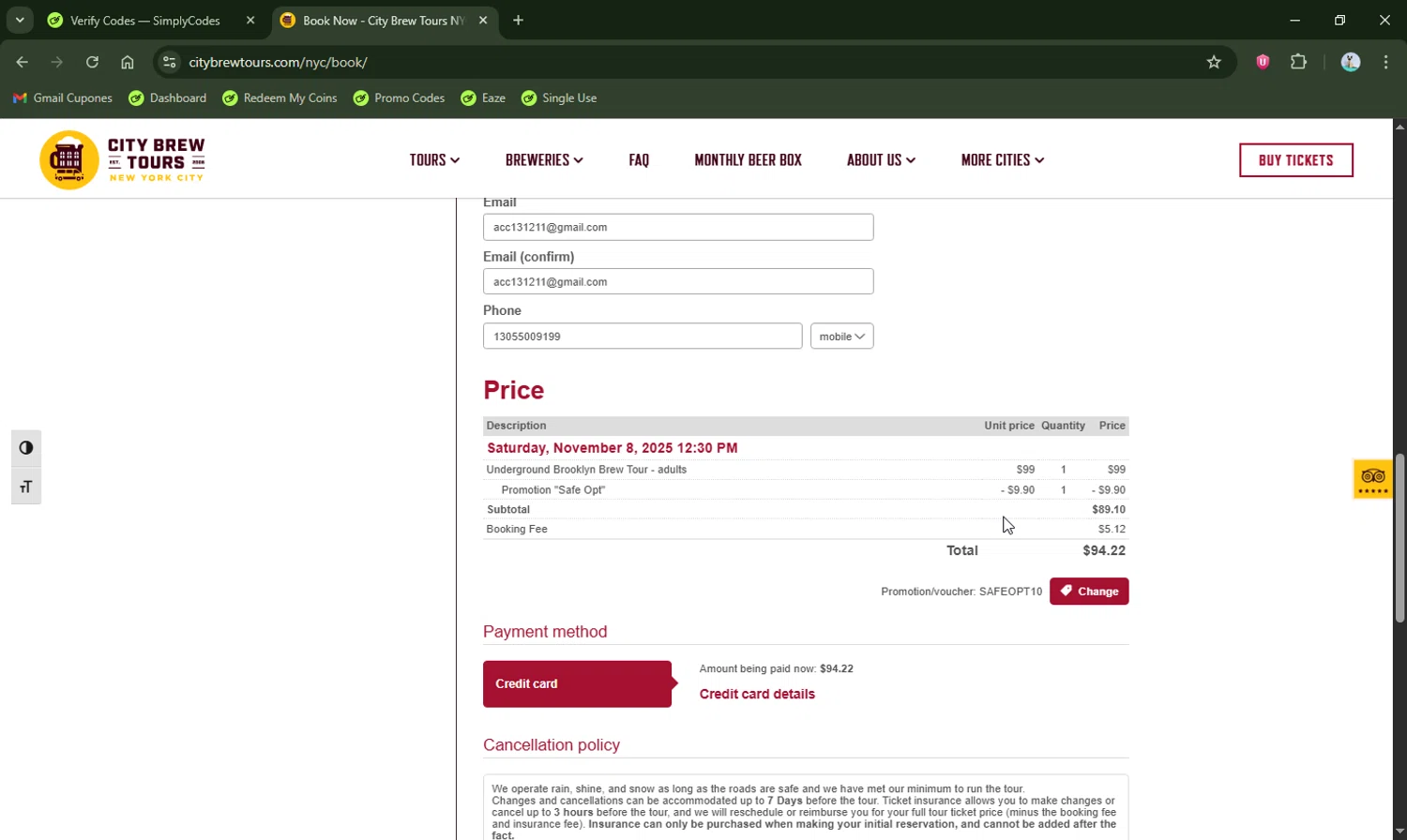 City Brew Tours promo code screenshot showing code SAFEOPT10 applied at City Brew Tours checkout page. Uploaded by SimplyCodes community member LHaunter2 on Nov 3, 2025