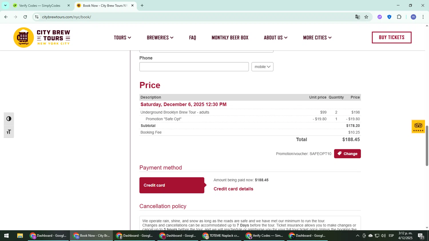 City Brew Tours promo code screenshot showing code SAFEOPT10 applied at City Brew Tours checkout page. Uploaded by SimplyCodes community member QuestDefender2661 on Dec 4, 2025