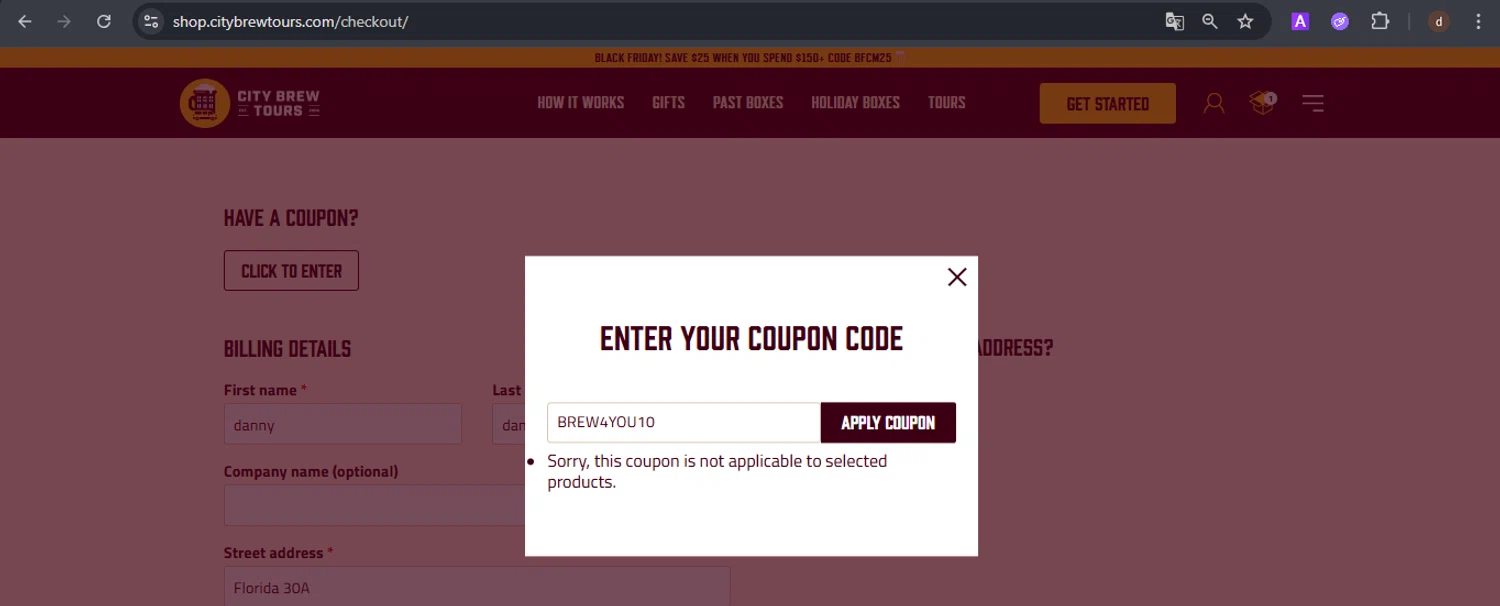 City Brew Tours promo code screenshot showing code BREW4YOU10 applied at City Brew Tours checkout page. Uploaded by SimplyCodes community member VoucherSpotter9376 on Dec 4, 2025