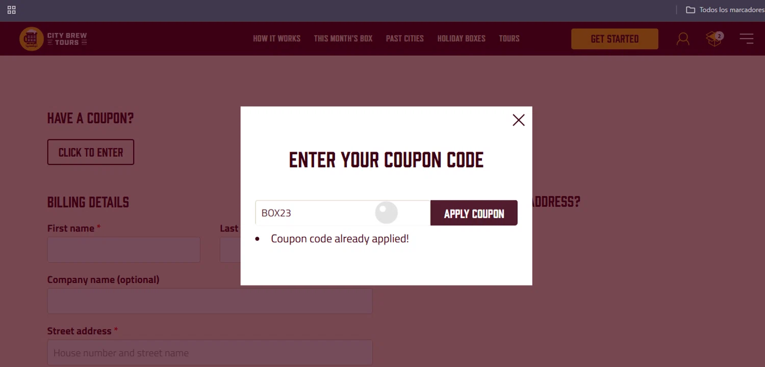 City Brew Tours promo code screenshot showing code BOX23 applied at City Brew Tours checkout page. Uploaded by SimplyCodes community member Egni_149037891 on Jul 18, 2025