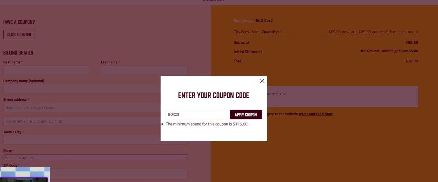 City Brew Tours promo code screenshot showing code BOX23 applied at City Brew Tours checkout page. Uploaded by SimplyCodes community member Halanweik on Dec 22, 2025