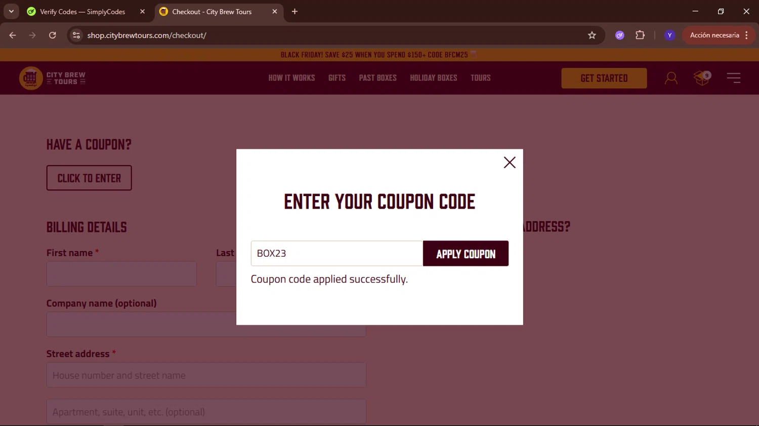 City Brew Tours promo code screenshot showing code BOX23 applied at City Brew Tours checkout page. Uploaded by SimplyCodes community member TokenElite6436 on Dec 4, 2025