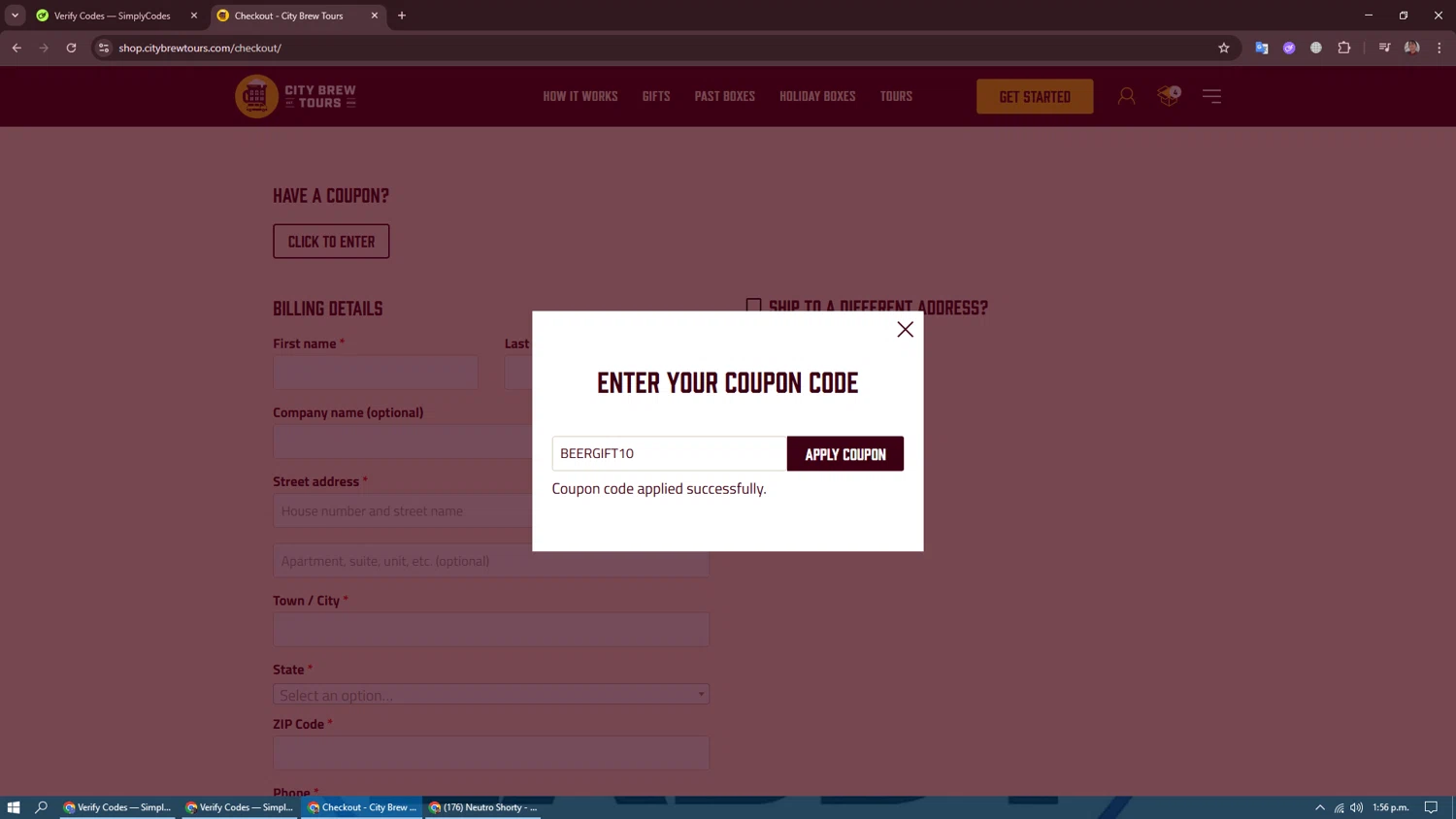 City Brew Tours promo code screenshot showing code BEERGIFT10 applied at City Brew Tours checkout page. Uploaded by SimplyCodes community member CraazyTroll123 on Oct 31, 2025