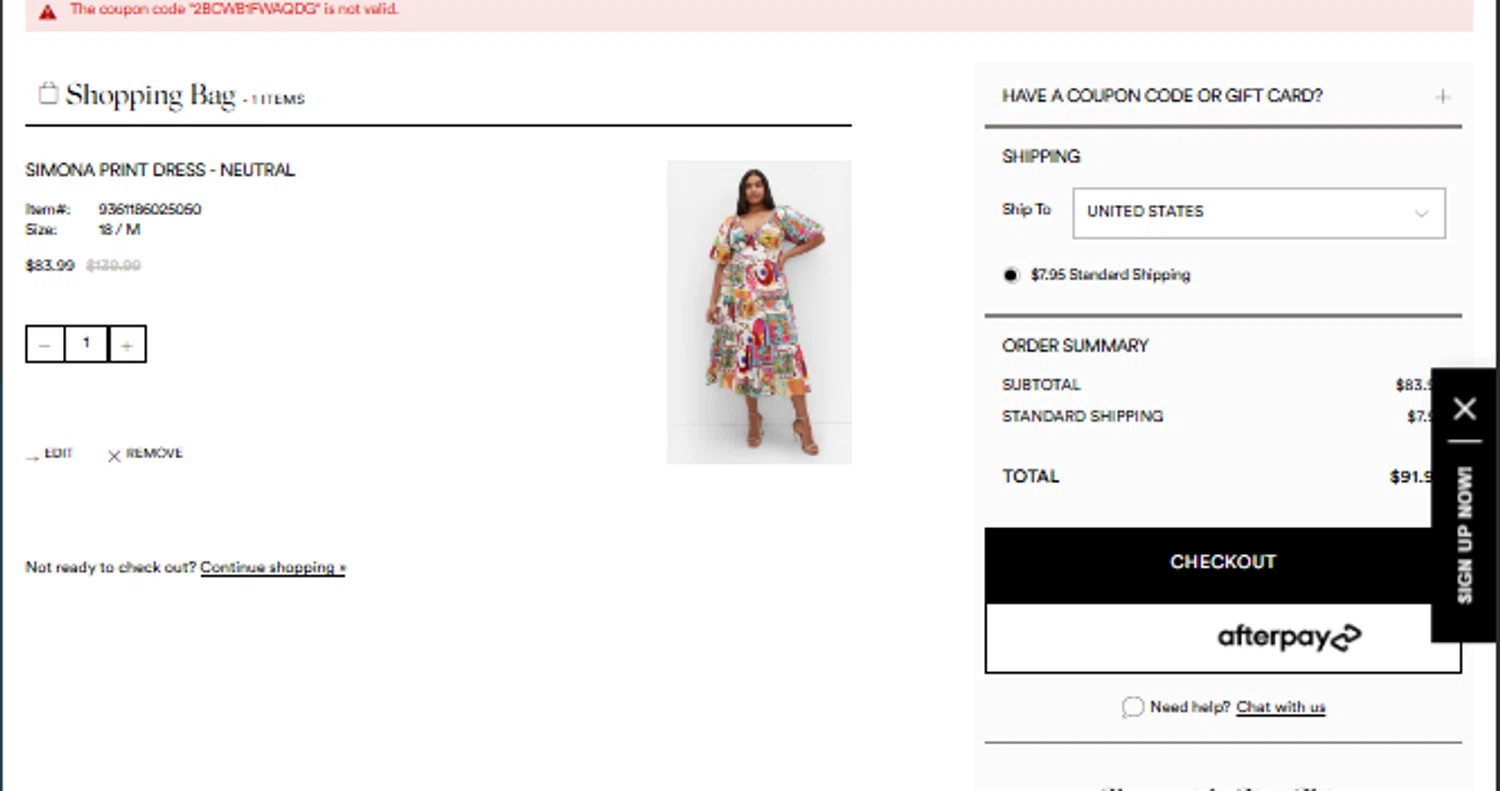 City Chic promo code screenshot showing code 2BCWB1FWAQDG applied at City Chic checkout page. Uploaded by SimplyCodes community member PennyScout6137 on Apr 22, 2025