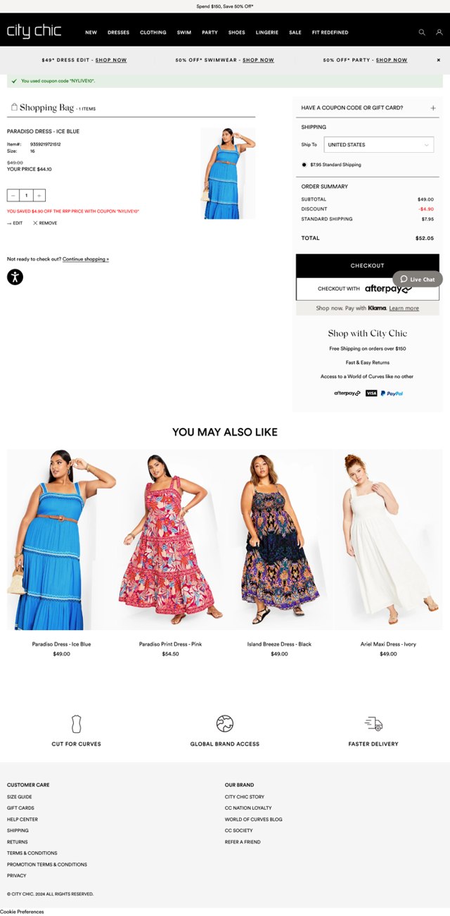 City Chic checkout page showing City Chic promo code box | Screenshot taken by SimplyCodes community member on May 14, 2024