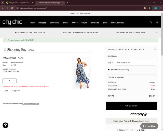 City Chic checkout page showing City Chic promo code box | Screenshot taken by SimplyCodes community member on Jun 7, 2024