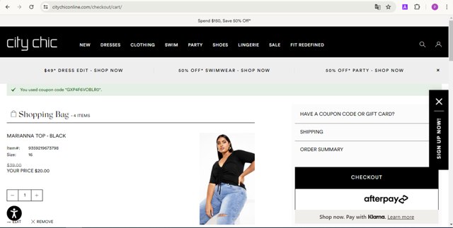 City Chic checkout page showing City Chic promo code box | Screenshot taken by SimplyCodes community member on May 25, 2024