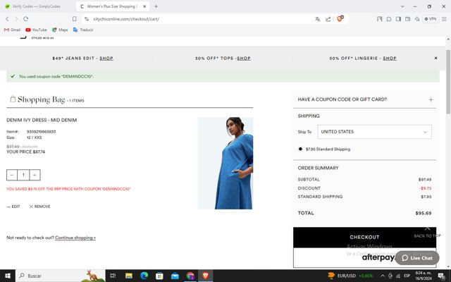 City Chic checkout page showing City Chic promo code box | Screenshot taken by SimplyCodes community member on Sep 16, 2024