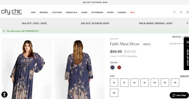 City Chic checkout page showing City Chic promo code box | Screenshot taken by SimplyCodes community member on Oct 25, 2024