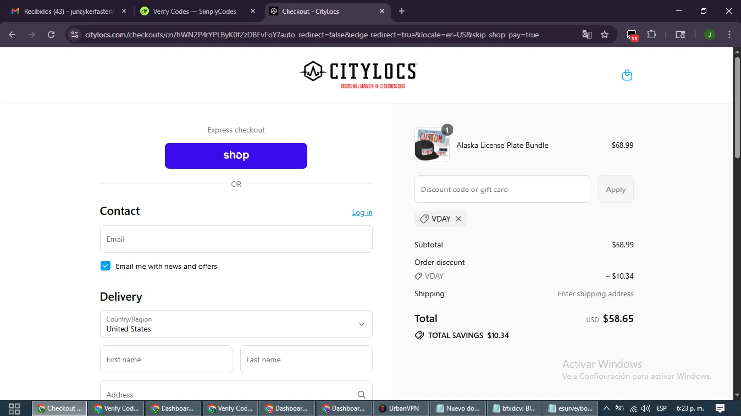City Locs discount code screenshot showing code VDAY applied at City Locs checkout page. Uploaded by SimplyCodes community member SmartLion6646 on Aug 30, 2025
