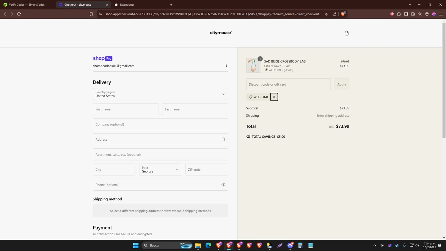 citymouse discount code screenshot showing code WELCOME5 applied at citymouse checkout page. Uploaded by SimplyCodes community member MoneyBoss6673 on Feb 18, 2025