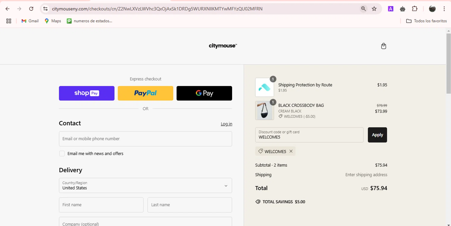 citymouse discount code screenshot showing code WELCOME5 applied at citymouse checkout page. Uploaded by SimplyCodes community member adrianvasquez1 on Feb 18, 2025
