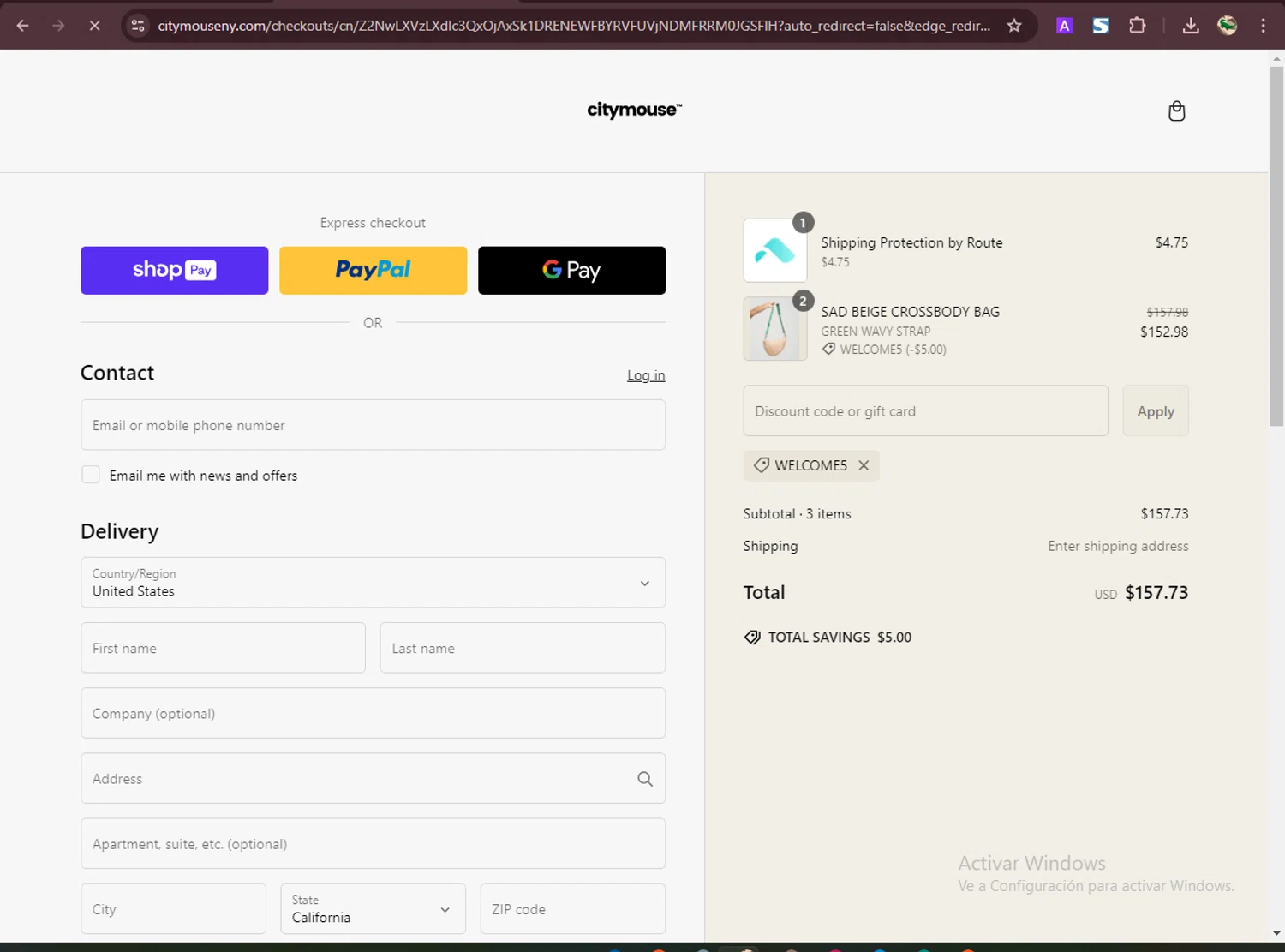 citymouse discount code screenshot showing code WELCOME5 applied at citymouse checkout page. Uploaded by SimplyCodes community member RewardDefender7173 on Feb 18, 2025