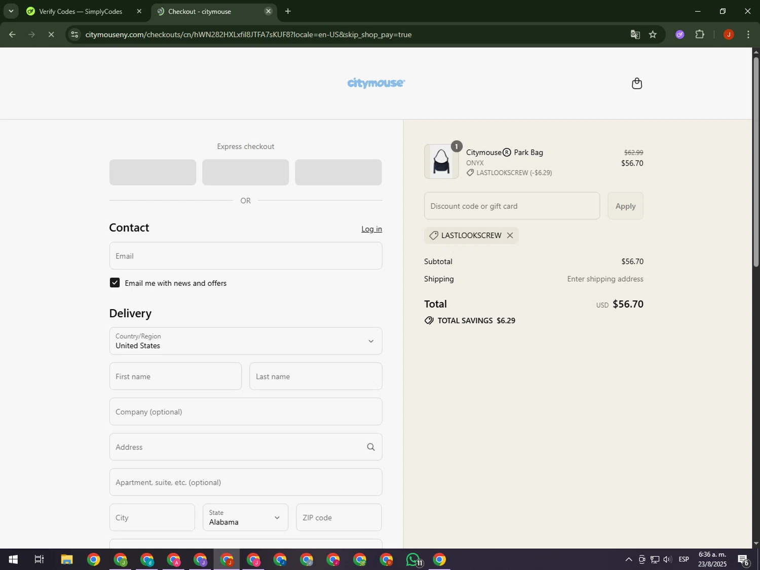 citymouse discount code screenshot showing code LASTLOOKSCREW applied at citymouse checkout page. Uploaded by SimplyCodes community member KimDokja on Aug 23, 2025