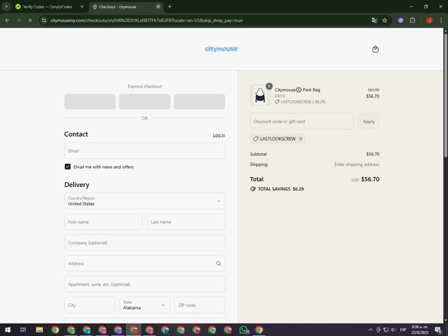 citymouse checkout page showing citymouse discount code box | Screenshot taken by SimplyCodes community member on Aug 23, 2025