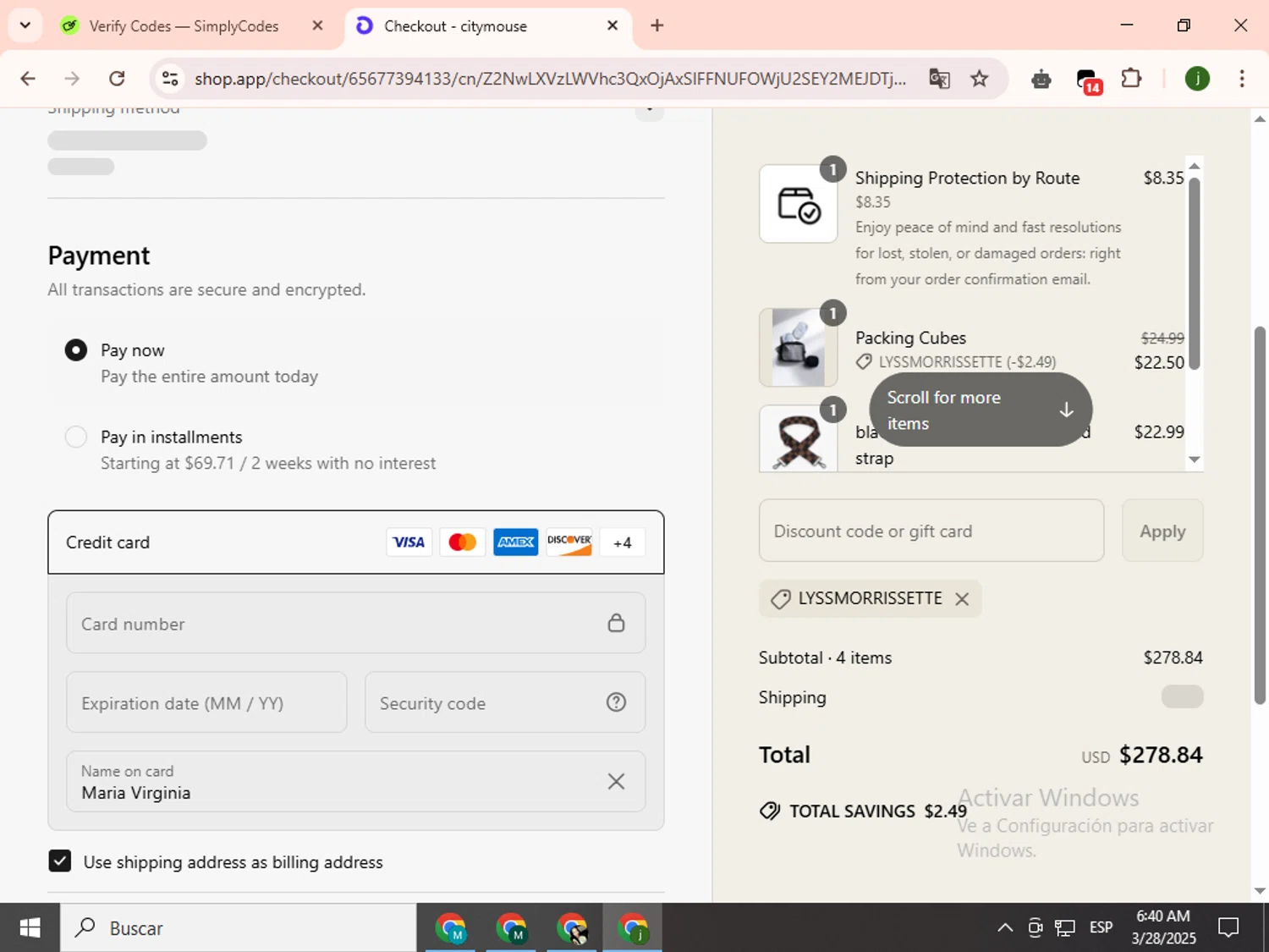 citymouse discount code screenshot showing code LYSSMORRISSETTE applied at citymouse checkout page. Uploaded by SimplyCodes community member SavingsCollector2592 on Mar 28, 2025