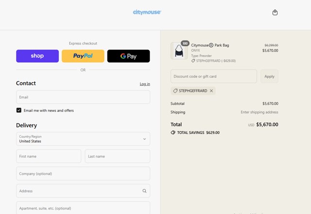 citymouse checkout page showing citymouse discount code box | Screenshot taken by SimplyCodes community member on Sep 4, 2025