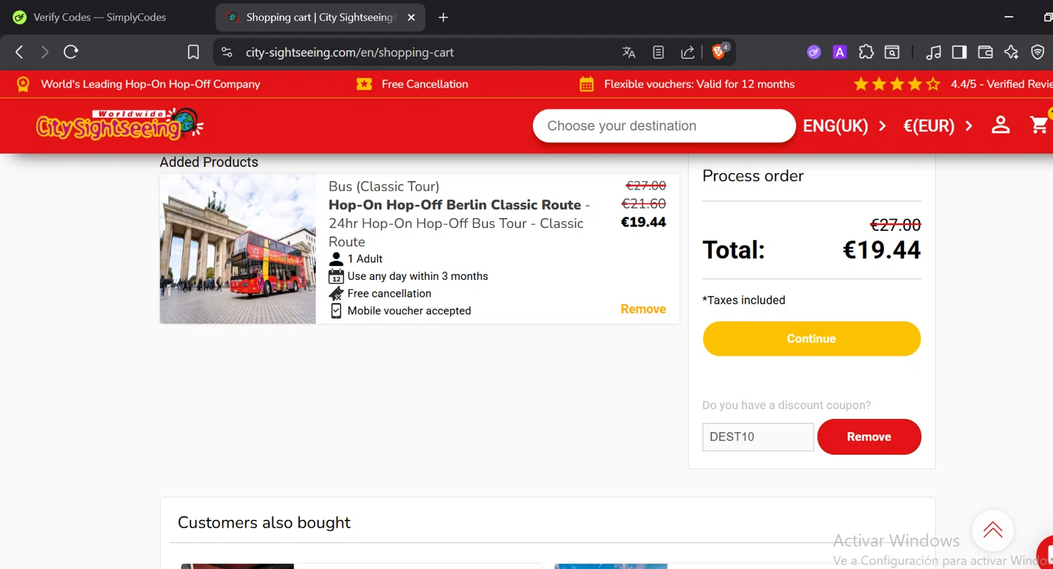 City Sightseeing coupon code screenshot showing code DEST10 applied at City Sightseeing checkout page. Uploaded by SimplyCodes community member CashElite5536 on Oct 25, 2025