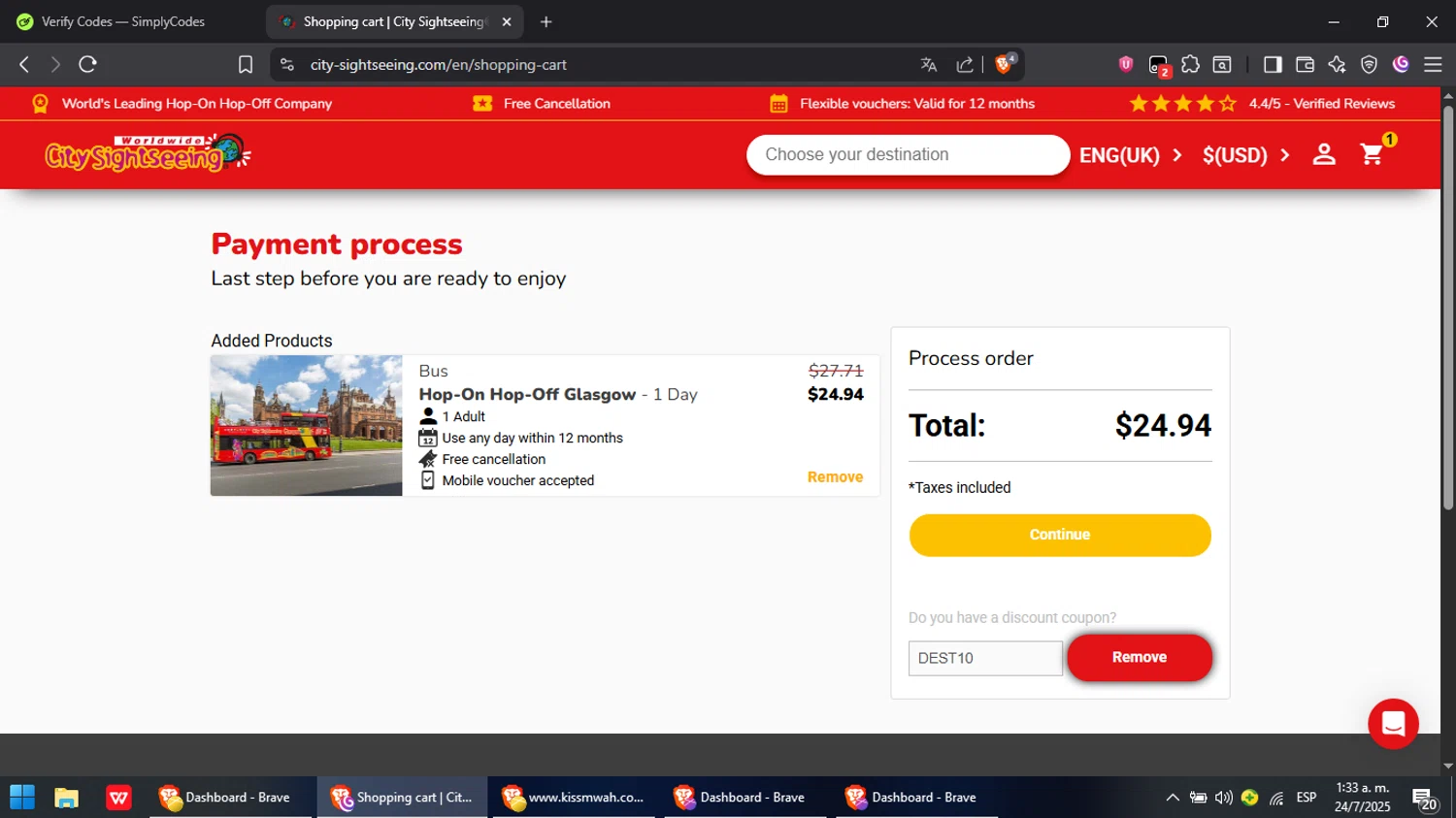 City Sightseeing checkout page showing City Sightseeing coupon code box | Screenshot taken by SimplyCodes community member on Jul 24, 2025