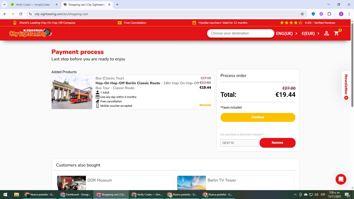 City Sightseeing coupon code screenshot showing code DEST10 applied at City Sightseeing checkout page. Uploaded by SimplyCodes community member Son_Goku on Nov 15, 2025